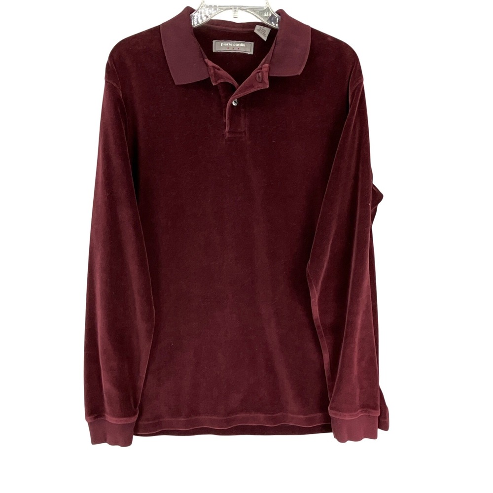 Pierre Cardin Polo Shirt Mens M Henley Burgundy Velour Long Sleeve Vtg Retro Y2K